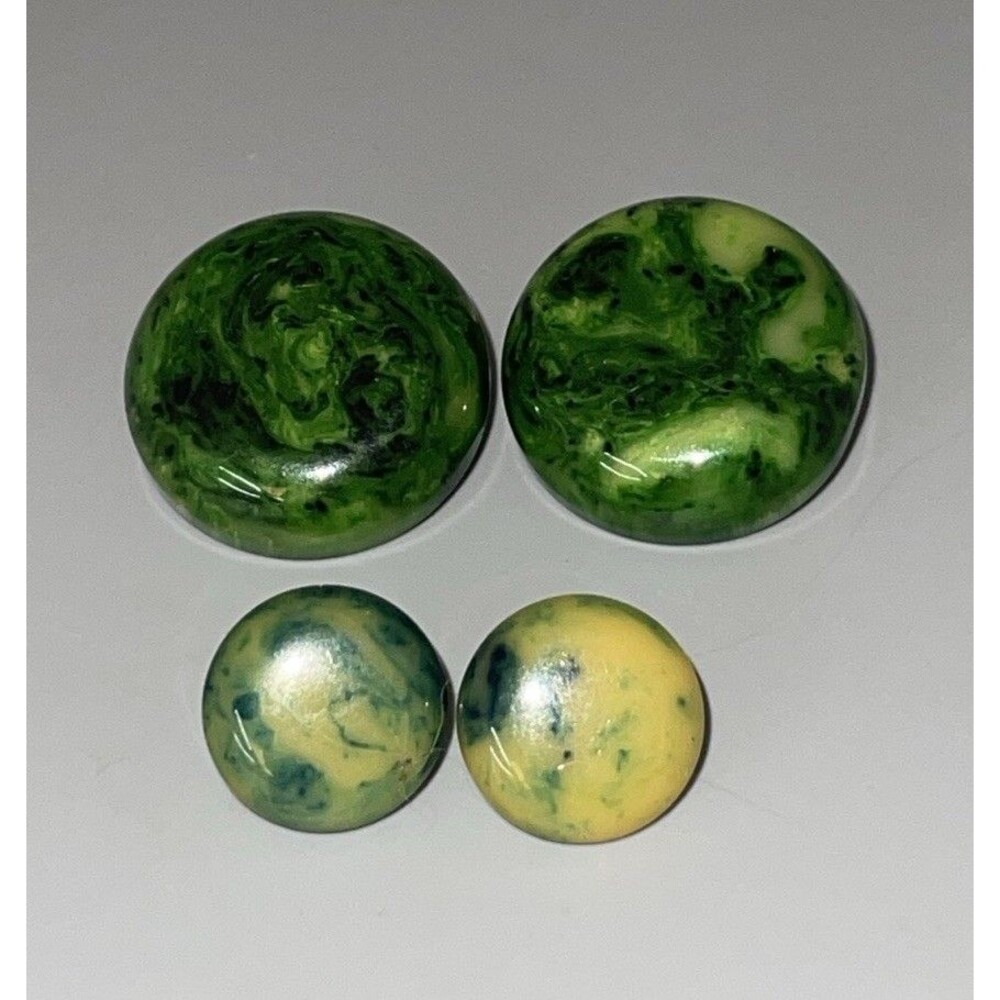 Vintage Set of 2 Bakelite Green Marbled Button Earrings Pierced 1in 1.5in Retro